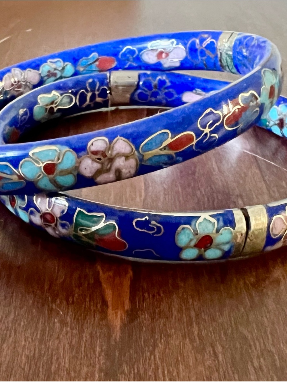 Vintage Chinese t Bangle Bracelets Set of 2 Cobalt Blue Floral Enamel